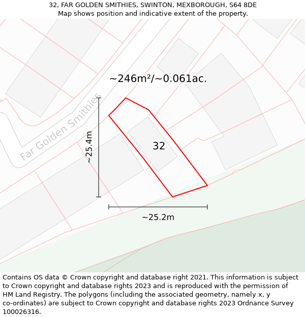 32, FAR GOLDEN SMITHIES, SWINTON, MEXBOROUGH, S64 8DE: Plot and title map