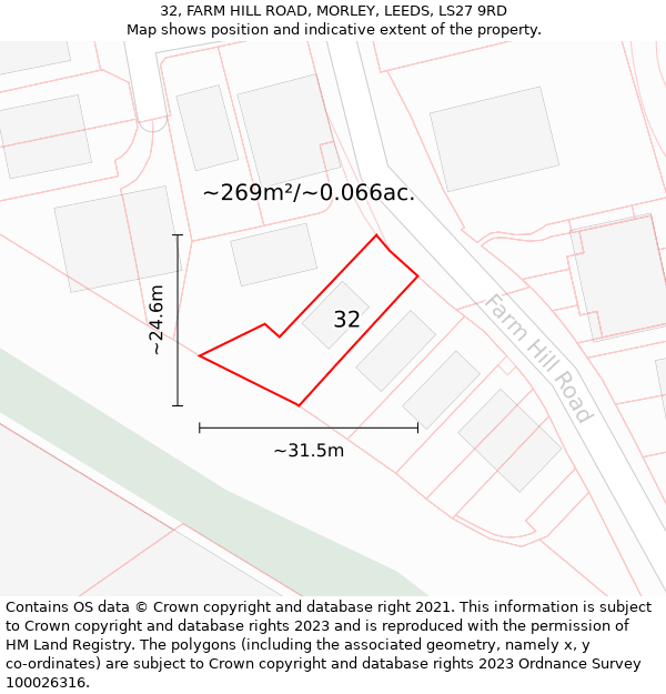 32, FARM HILL ROAD, MORLEY, LEEDS, LS27 9RD: Plot and title map