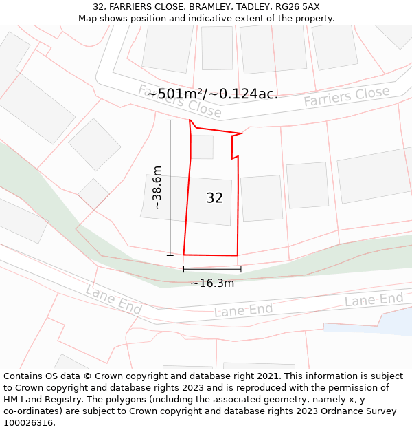 32, FARRIERS CLOSE, BRAMLEY, TADLEY, RG26 5AX: Plot and title map