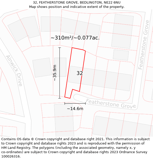 32, FEATHERSTONE GROVE, BEDLINGTON, NE22 6NU: Plot and title map