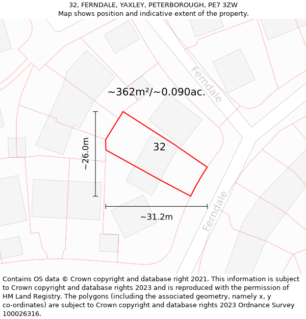 32, FERNDALE, YAXLEY, PETERBOROUGH, PE7 3ZW: Plot and title map