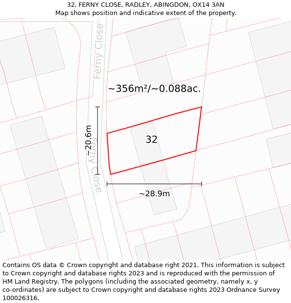 32, FERNY CLOSE, RADLEY, ABINGDON, OX14 3AN: Plot and title map