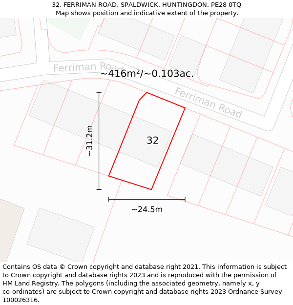 32, FERRIMAN ROAD, SPALDWICK, HUNTINGDON, PE28 0TQ: Plot and title map