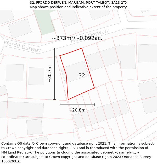 32, FFORDD DERWEN, MARGAM, PORT TALBOT, SA13 2TX: Plot and title map
