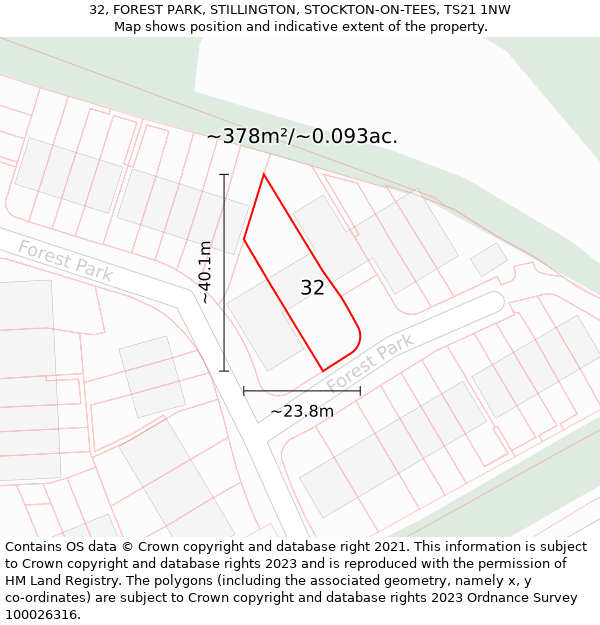 32, FOREST PARK, STILLINGTON, STOCKTON-ON-TEES, TS21 1NW: Plot and title map