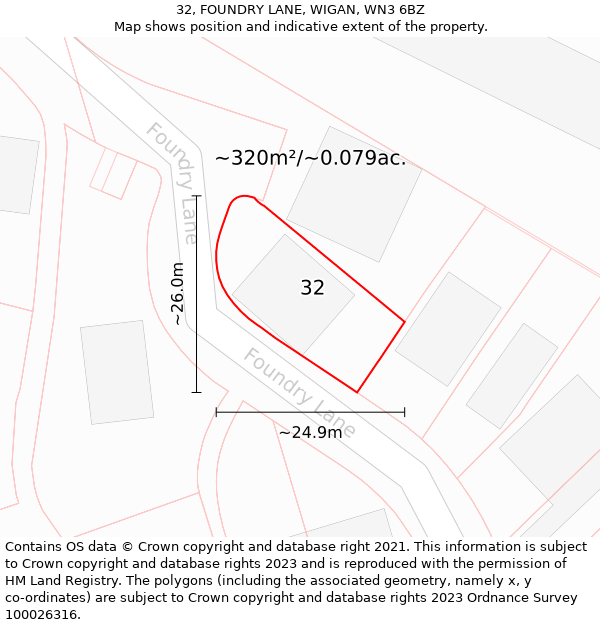 32, FOUNDRY LANE, WIGAN, WN3 6BZ: Plot and title map