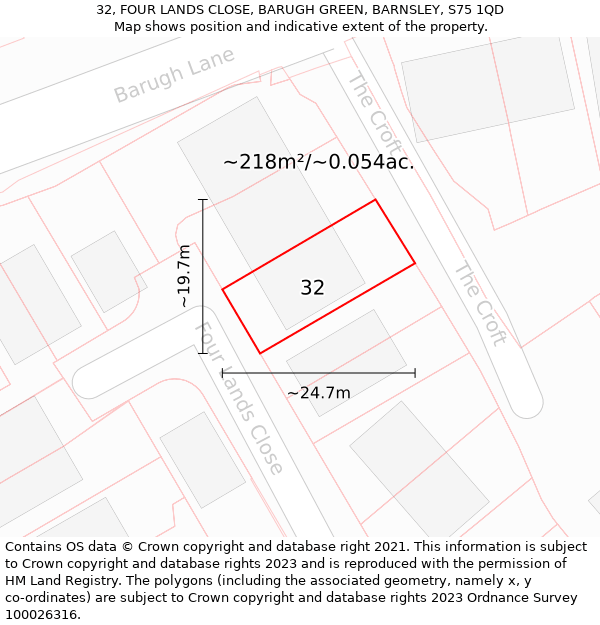 32, FOUR LANDS CLOSE, BARUGH GREEN, BARNSLEY, S75 1QD: Plot and title map