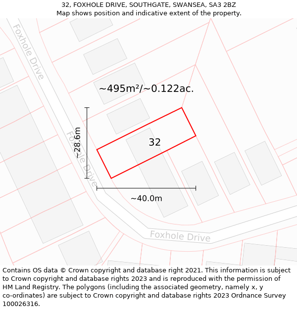 32, FOXHOLE DRIVE, SOUTHGATE, SWANSEA, SA3 2BZ: Plot and title map