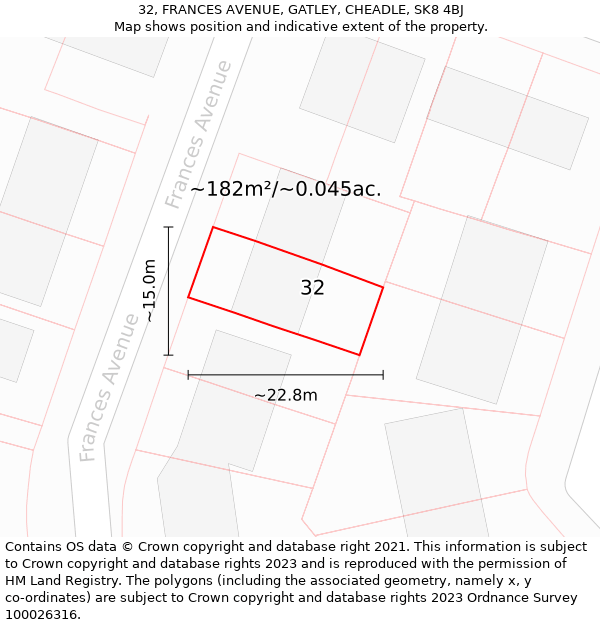 32, FRANCES AVENUE, GATLEY, CHEADLE, SK8 4BJ: Plot and title map