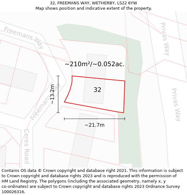 32, FREEMANS WAY, WETHERBY, LS22 6YW: Plot and title map