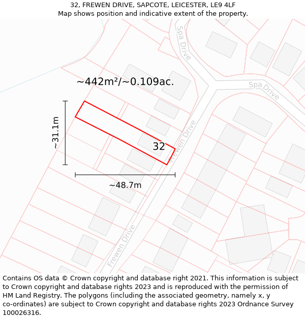 32, FREWEN DRIVE, SAPCOTE, LEICESTER, LE9 4LF: Plot and title map