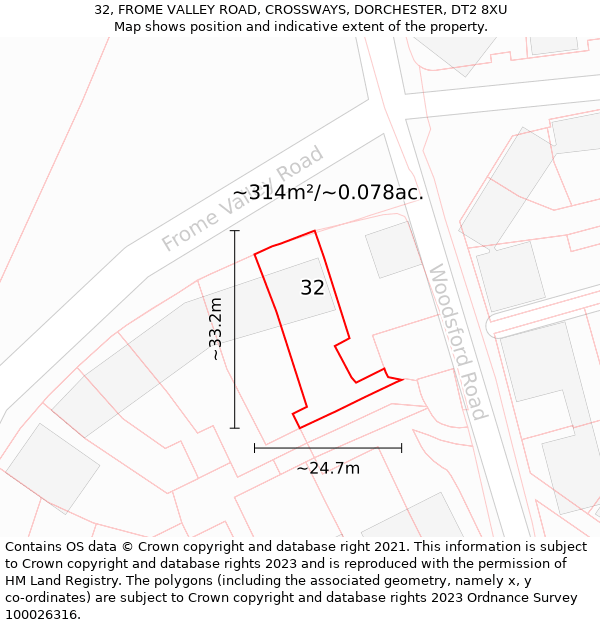 32, FROME VALLEY ROAD, CROSSWAYS, DORCHESTER, DT2 8XU: Plot and title map