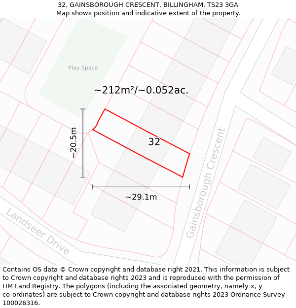 32, GAINSBOROUGH CRESCENT, BILLINGHAM, TS23 3GA: Plot and title map