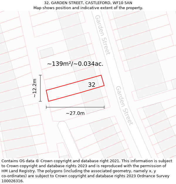 32, GARDEN STREET, CASTLEFORD, WF10 5AN: Plot and title map