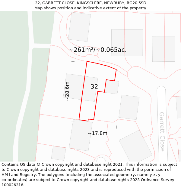 32, GARRETT CLOSE, KINGSCLERE, NEWBURY, RG20 5SD: Plot and title map