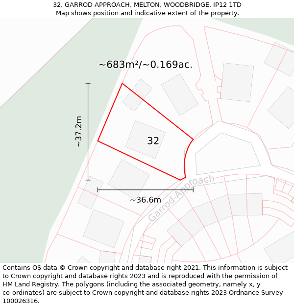 32, GARROD APPROACH, MELTON, WOODBRIDGE, IP12 1TD: Plot and title map