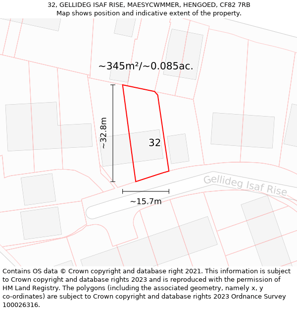 32, GELLIDEG ISAF RISE, MAESYCWMMER, HENGOED, CF82 7RB: Plot and title map