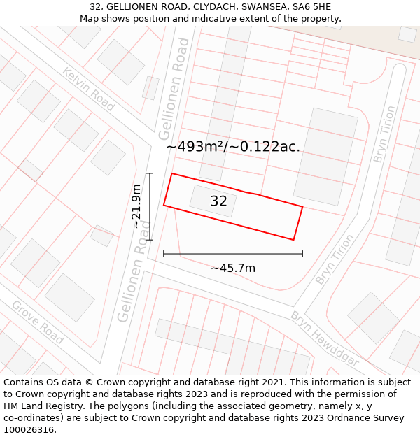 32, GELLIONEN ROAD, CLYDACH, SWANSEA, SA6 5HE: Plot and title map