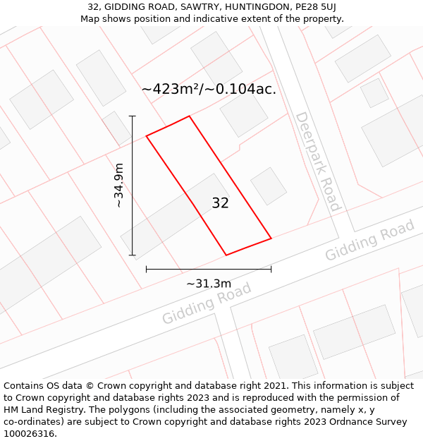 32, GIDDING ROAD, SAWTRY, HUNTINGDON, PE28 5UJ: Plot and title map