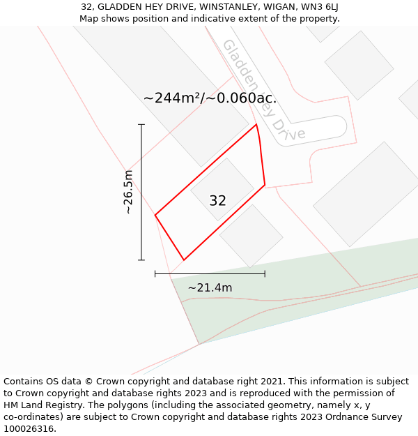 32, GLADDEN HEY DRIVE, WINSTANLEY, WIGAN, WN3 6LJ: Plot and title map