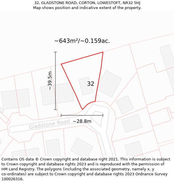 32, GLADSTONE ROAD, CORTON, LOWESTOFT, NR32 5HJ: Plot and title map