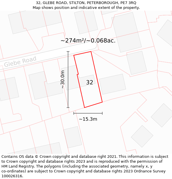 32, GLEBE ROAD, STILTON, PETERBOROUGH, PE7 3RQ: Plot and title map