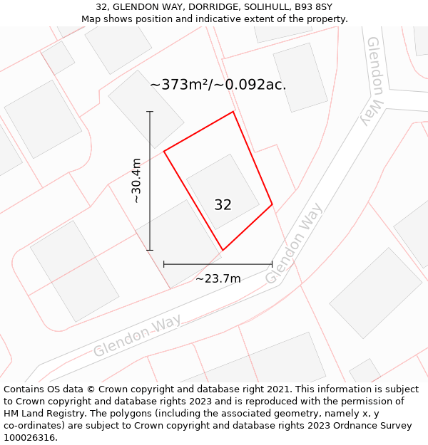 32, GLENDON WAY, DORRIDGE, SOLIHULL, B93 8SY: Plot and title map