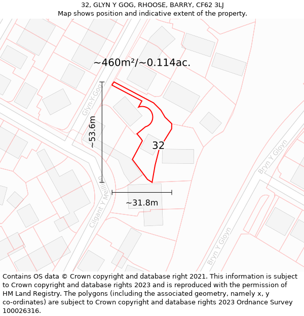 32, GLYN Y GOG, RHOOSE, BARRY, CF62 3LJ: Plot and title map