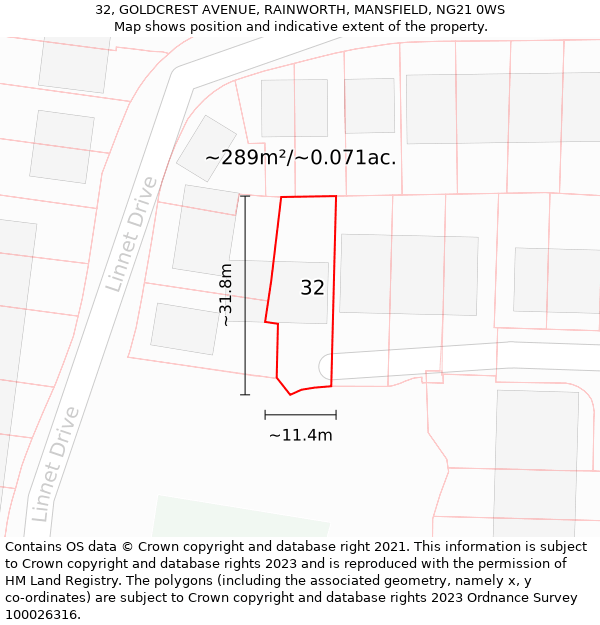 32, GOLDCREST AVENUE, RAINWORTH, MANSFIELD, NG21 0WS: Plot and title map