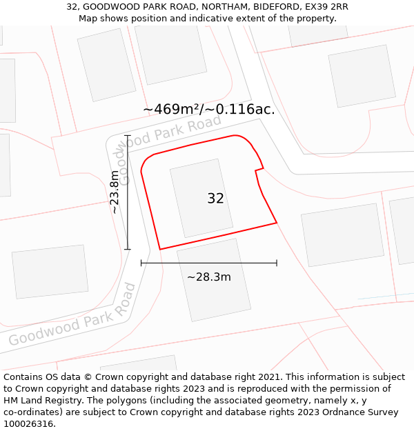 32, GOODWOOD PARK ROAD, NORTHAM, BIDEFORD, EX39 2RR: Plot and title map