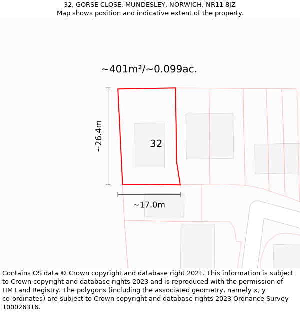 32, GORSE CLOSE, MUNDESLEY, NORWICH, NR11 8JZ: Plot and title map