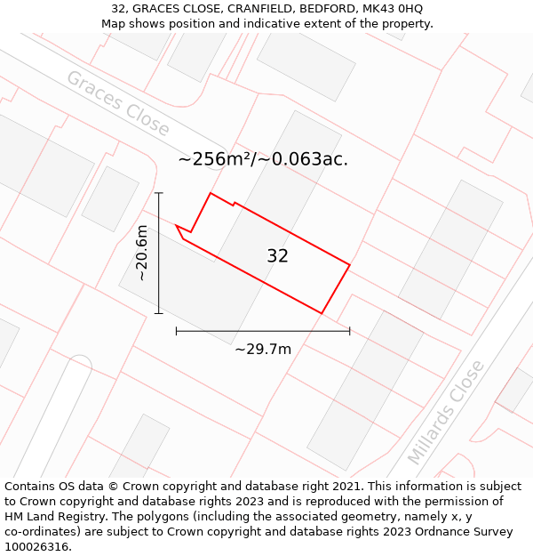 32, GRACES CLOSE, CRANFIELD, BEDFORD, MK43 0HQ: Plot and title map