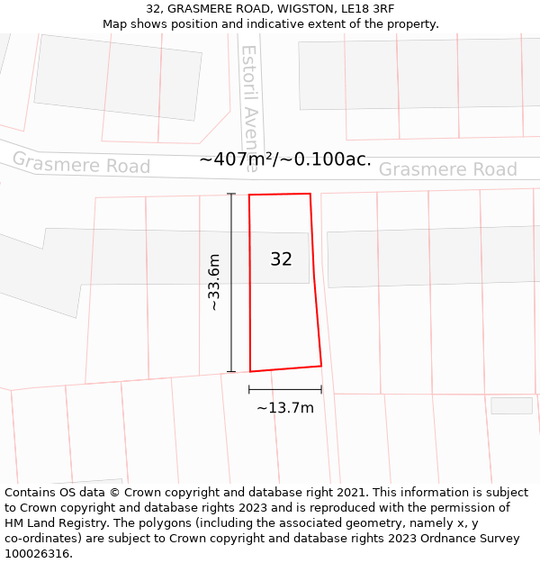 32, GRASMERE ROAD, WIGSTON, LE18 3RF: Plot and title map