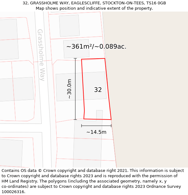 32, GRASSHOLME WAY, EAGLESCLIFFE, STOCKTON-ON-TEES, TS16 0GB: Plot and title map