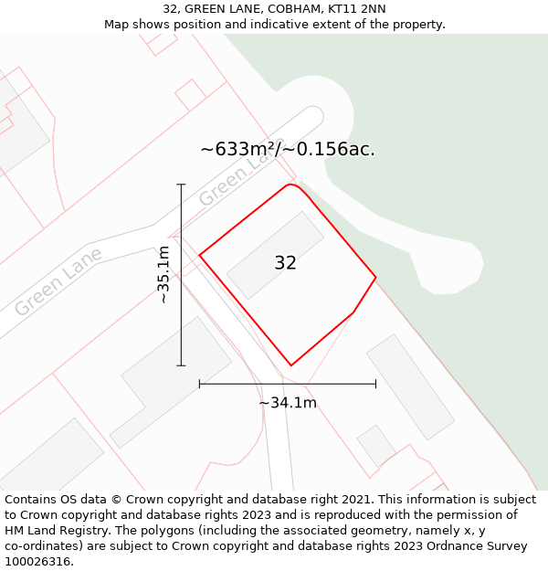 32, GREEN LANE, COBHAM, KT11 2NN: Plot and title map