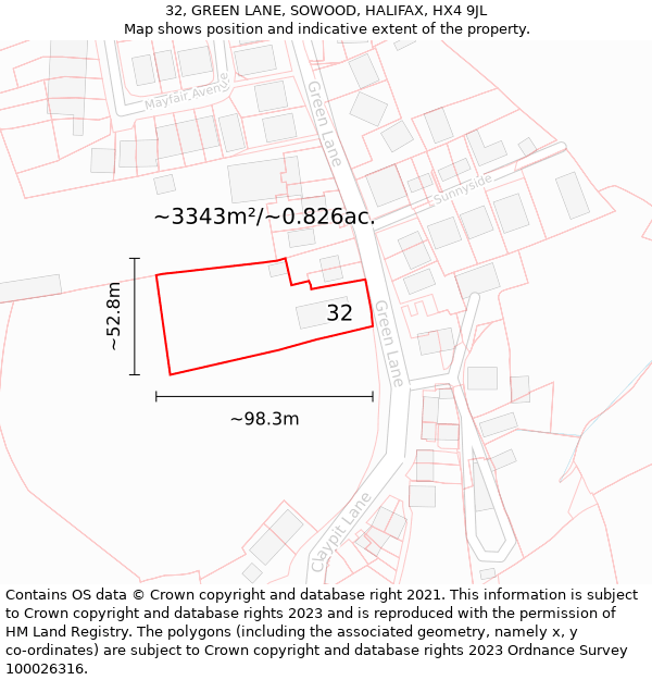 32, GREEN LANE, SOWOOD, HALIFAX, HX4 9JL: Plot and title map