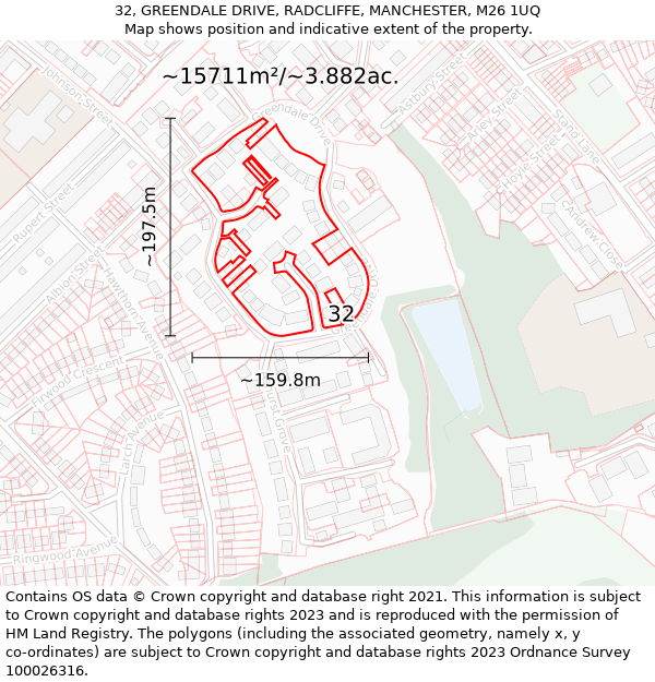 32, GREENDALE DRIVE, RADCLIFFE, MANCHESTER, M26 1UQ: Plot and title map