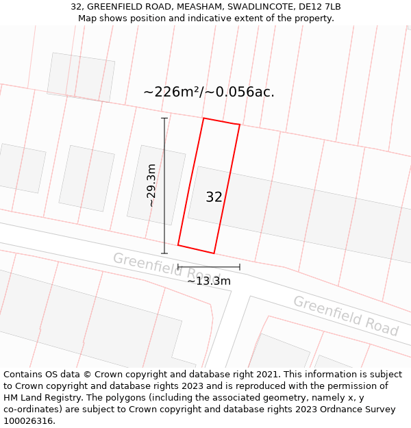 32, GREENFIELD ROAD, MEASHAM, SWADLINCOTE, DE12 7LB: Plot and title map