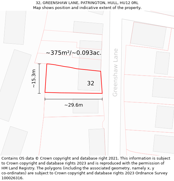 32, GREENSHAW LANE, PATRINGTON, HULL, HU12 0RL: Plot and title map