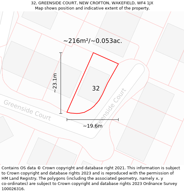 32, GREENSIDE COURT, NEW CROFTON, WAKEFIELD, WF4 1JX: Plot and title map