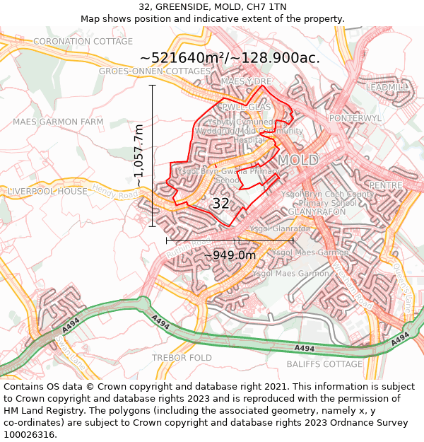 32, GREENSIDE, MOLD, CH7 1TN: Plot and title map