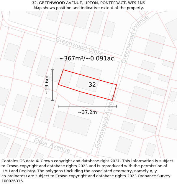 32, GREENWOOD AVENUE, UPTON, PONTEFRACT, WF9 1NS: Plot and title map