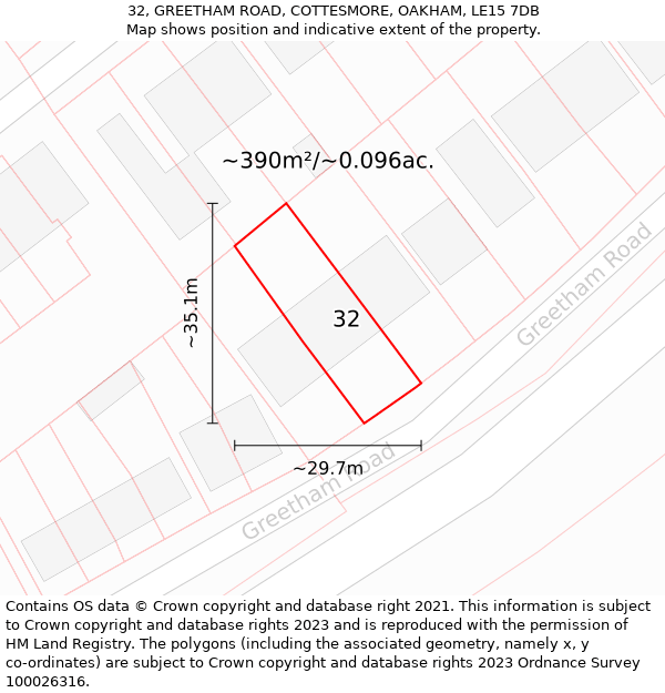 32, GREETHAM ROAD, COTTESMORE, OAKHAM, LE15 7DB: Plot and title map