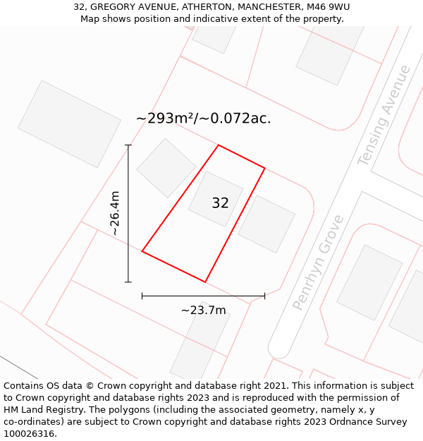 32, GREGORY AVENUE, ATHERTON, MANCHESTER, M46 9WU: Plot and title map
