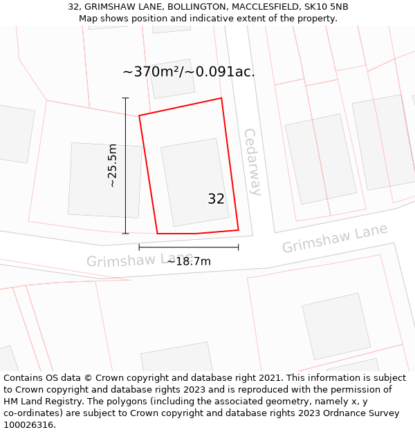 32, GRIMSHAW LANE, BOLLINGTON, MACCLESFIELD, SK10 5NB: Plot and title map