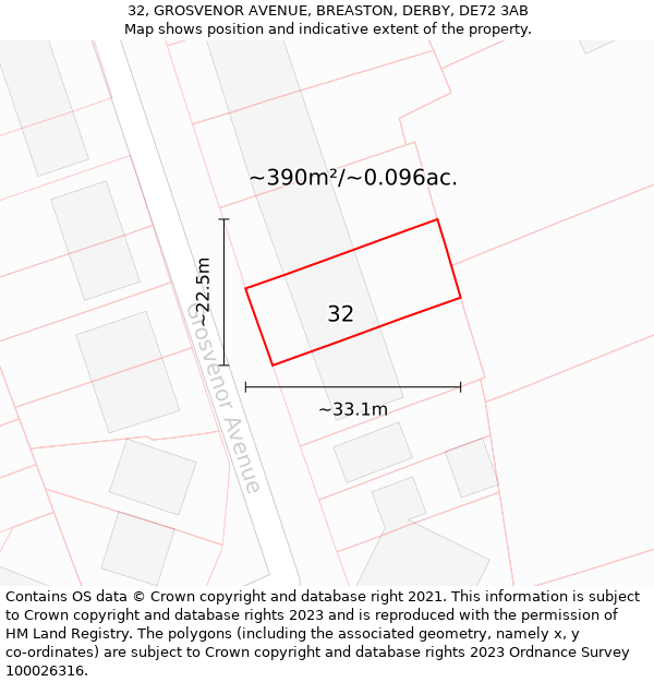 32, GROSVENOR AVENUE, BREASTON, DERBY, DE72 3AB: Plot and title map