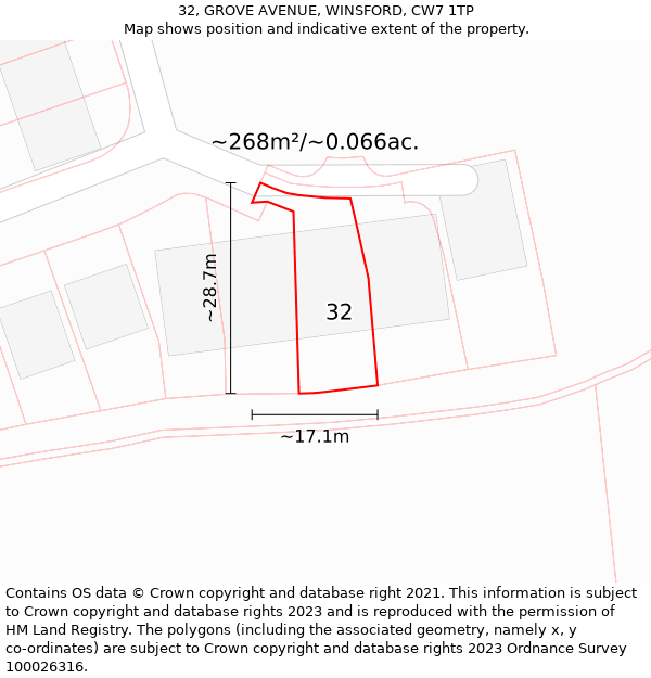 32, GROVE AVENUE, WINSFORD, CW7 1TP: Plot and title map