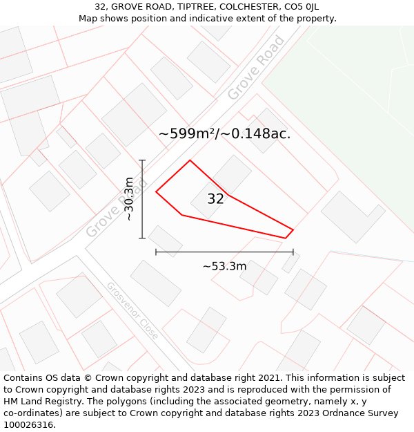 32, GROVE ROAD, TIPTREE, COLCHESTER, CO5 0JL: Plot and title map