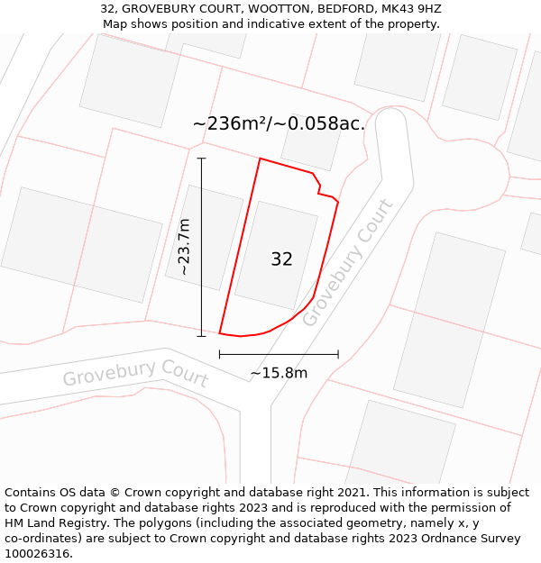 32, GROVEBURY COURT, WOOTTON, BEDFORD, MK43 9HZ: Plot and title map