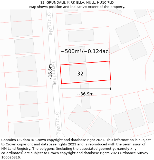 32, GRUNDALE, KIRK ELLA, HULL, HU10 7LD: Plot and title map